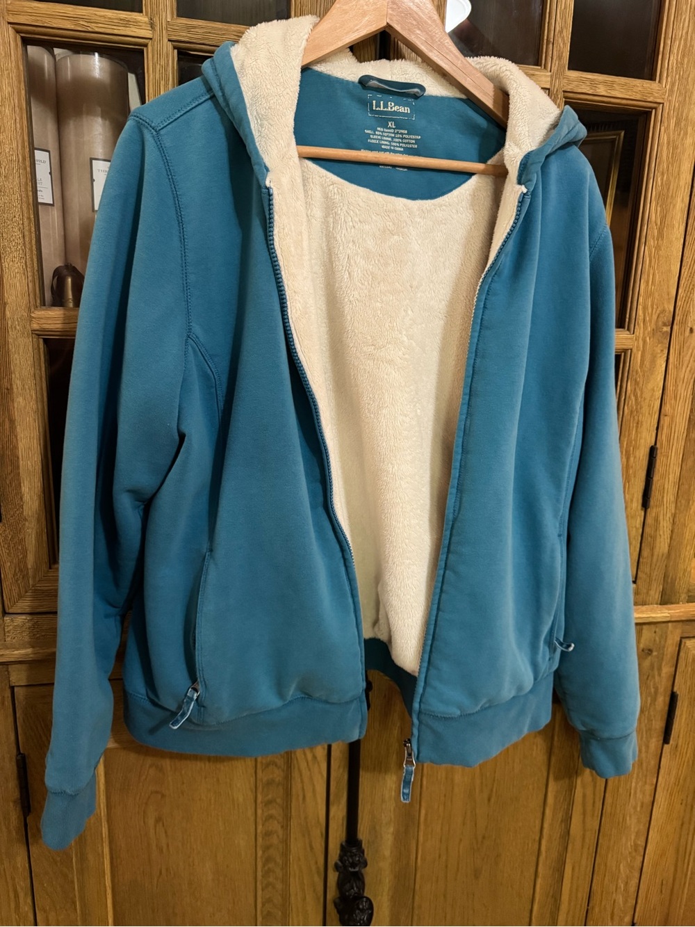 L.L. Bean Teal Hooded Jacket with Cream Fleece Lining